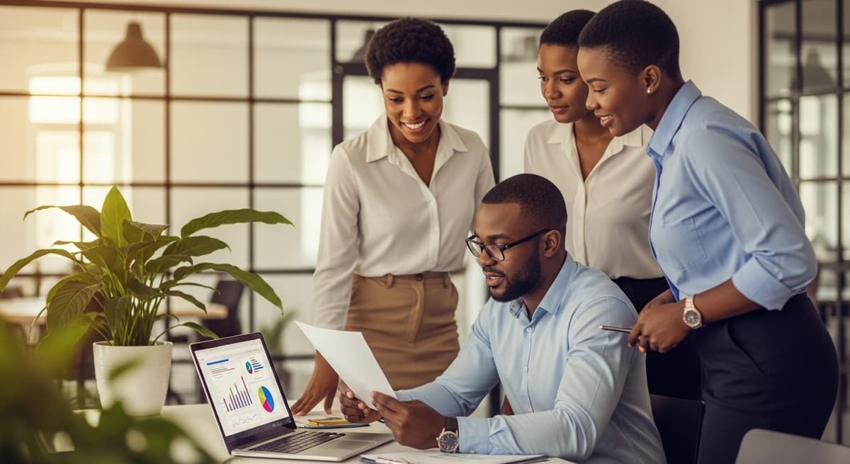 Business team reviewing financial data on Vanbook